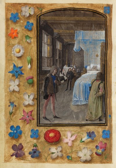 Muriendo en la cama en el libro de horas de William Hastings de Master of Mary of Burgundy